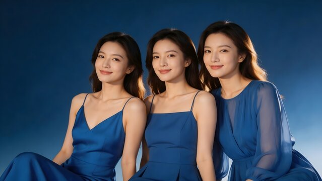 Three women in blue dresses posing together