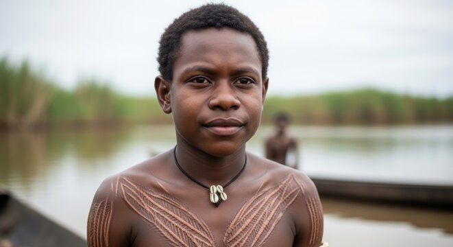 Young Sepik initiate with traditional crocodile scarification and cowrie shell necklace