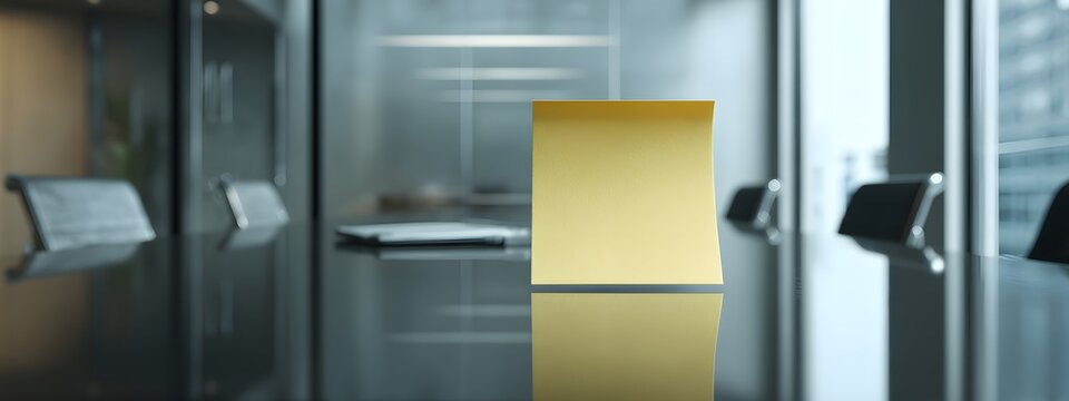 Reflective glass surface featuring a blank yellow sticky note within a bright modern corporate office interior