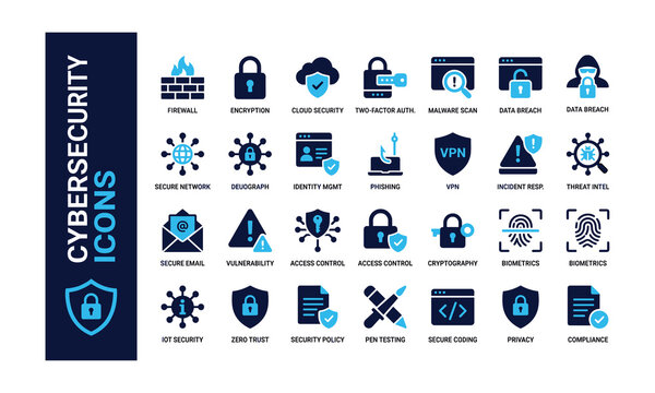 Cybersecurity icons set for data protection network safety firewall encryption cloud computing identity management phishing vpn and privacy compliance vector
