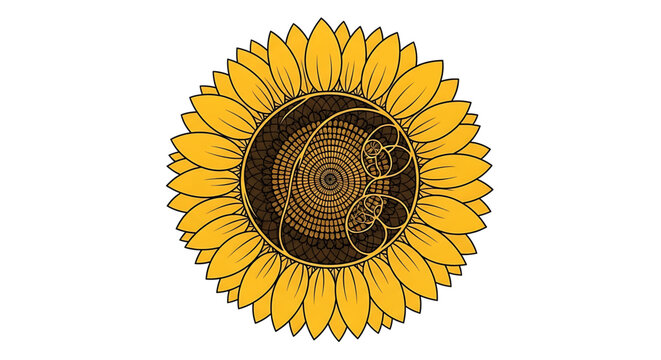 Sunflower with fibonacci golden spiral pattern