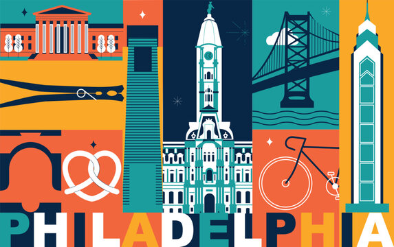 Philadelphia culture travel set, famous architectures and specialties in flat design. Business US tourism concept clipart. Philly image for presentation, banner, website, advert, flyer, roadmap, icons