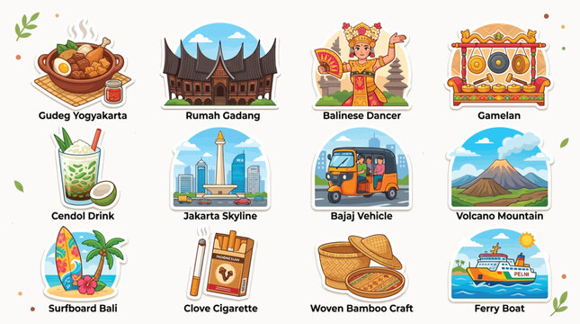Collection of Indonesian Cultural Icons and Symbols.