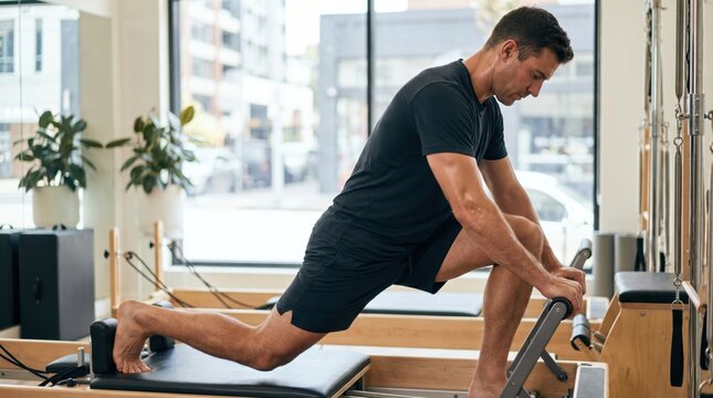 Athletic man performing leg stretch exercise on pilates reformer machine inside bright fitness studio