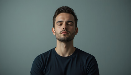 Fototapeta premium Man with closed eyes and a slight beard, exhibiting a serene facial expression suggesting deep thought or a moment of calm repose.