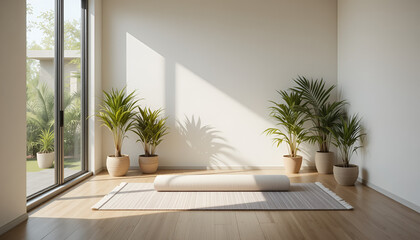 Fototapeta premium Yoga mat lies rolled up on a wooden floor in a sunlit room decorated with various potted green plants placed near a large glass door to create a peaceful atmosphere for daily exercise.