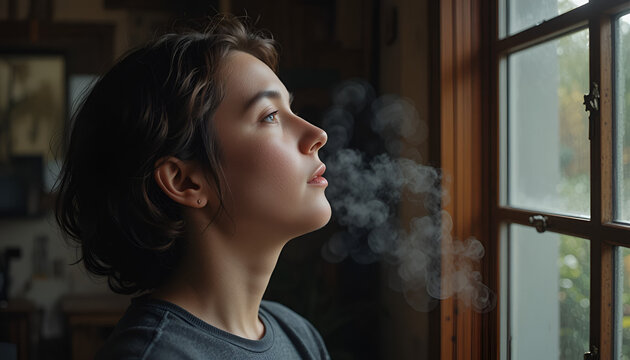 Young woman with short hair exhales a visible puff of air near a window, her gaze directed upwards with a thoughtful and reflective demeanor.