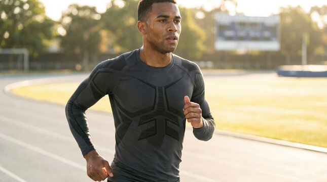 Sweaty male athlete running in high performance compression shirt on outdoor stadium track during morning workout