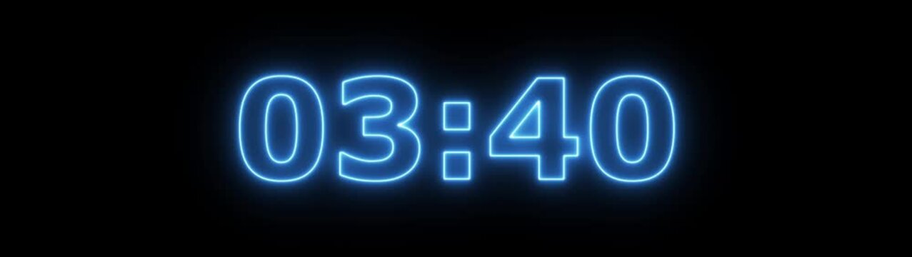 Countdown timer from 4 minute to 0 minute on black background.4 minute stopwatch , analog neon clock icon animation .4 minute countdown timer