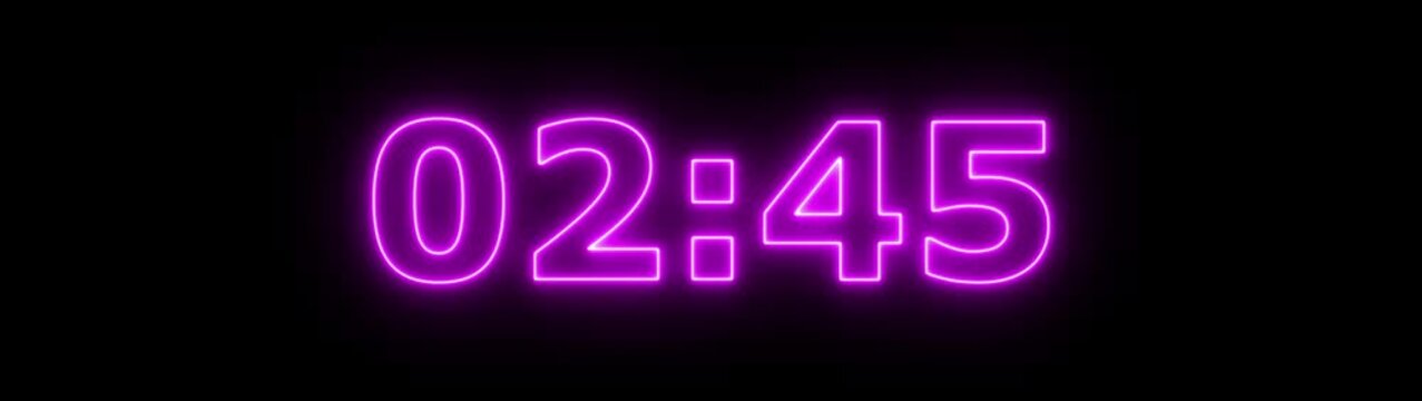 Abstract glowing neon 3 minute countdown animation from 180 seconds to 0 seconds on a black background.Neon three minute countdown timer.