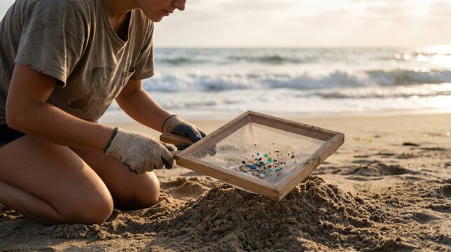 Volunteer kneeling on beach using wooden sieve tool to separate colorful microplastics from coastal sand