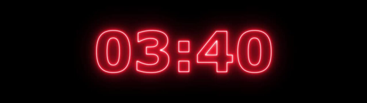 Countdown timer from 4 minute to 0 minute on black background.4 minute stopwatch , analog neon clock icon animation .4 minute countdown timer
