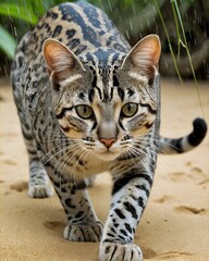 Naklejka premium A marbled cat fantasy animal, fictional species on a sandy bar