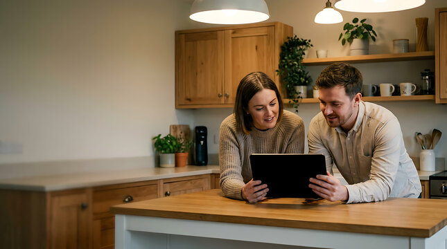 Real estate agent and happy homeowner reviewing a digital contract on a tablet in a cozy kitchen.