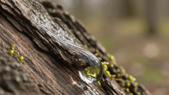 Macro close up of clear tree resin dripping down textured bark of ancient pine tree in forest environment highlighting natural
