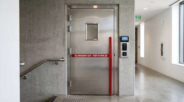 Emergency exit door with red barricade and access control panel