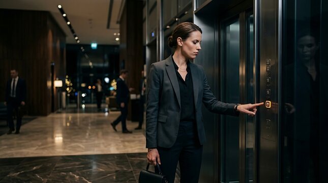 Businesswoman Hesitating Before Pressing Elevator Button in Corporate Office