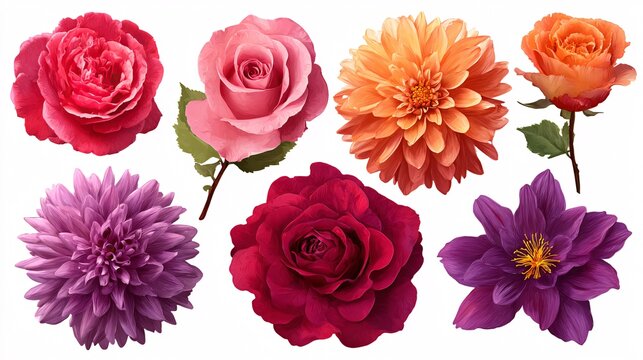 Colorful assortment of fresh blooming flowers isolated on white background