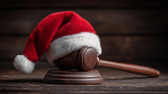 Wooden judge gavel with red Santa hat on dark wooden background