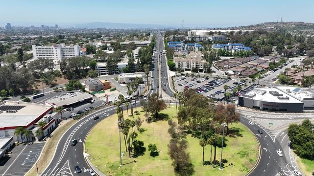 Long Beach, California, USA - Aerial Drone View of the Famous Traffic Circle Roundabout and Surrounding Urban Neighborhoods on a Sunny Day