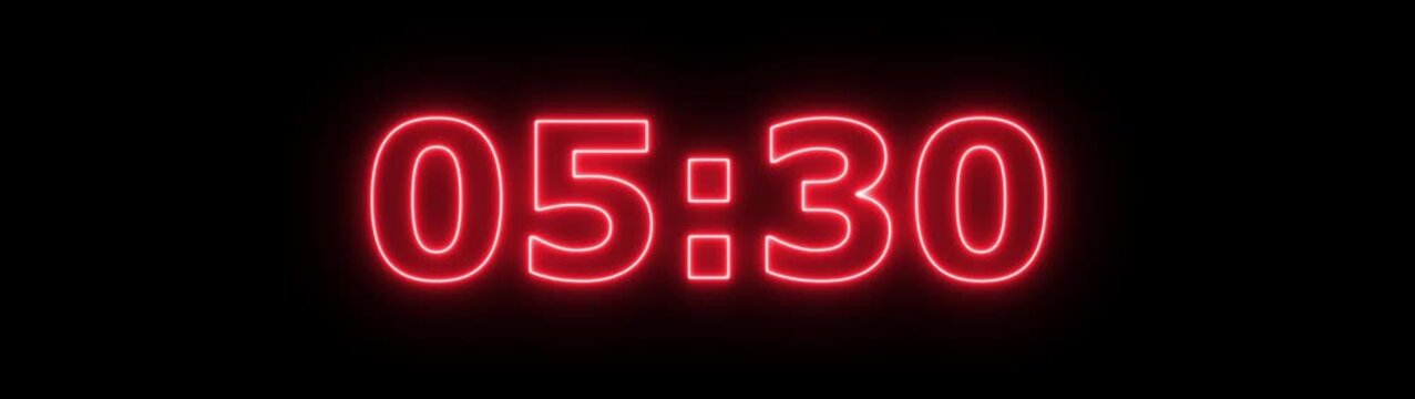 Abstract glowing neon 6 minute countdown animation from 360 seconds to 0 seconds on a black background.Neon three minute countdown timer.