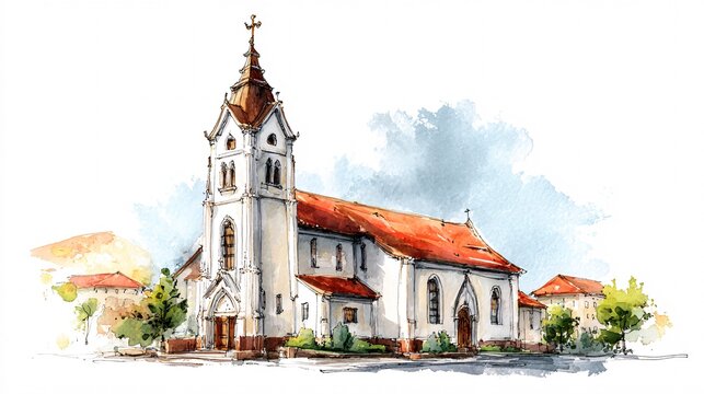 Watercolor Painting of Old European Church with Red Roof and Bell Tower