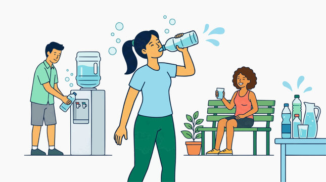 People drinking water from a cooler and bottles staying hydrated in a healthy lifestyle