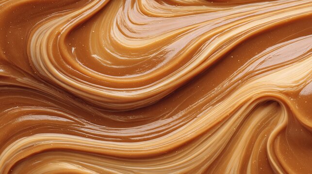 Close-up of smooth creamy caramel swirls with glossy texture