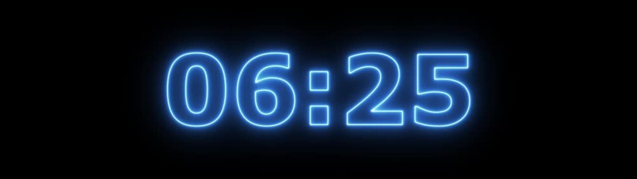 Abstract glowing neon 7 minute countdown animation from 420 seconds to 0 seconds on a black background.Neon three minute countdown timer.