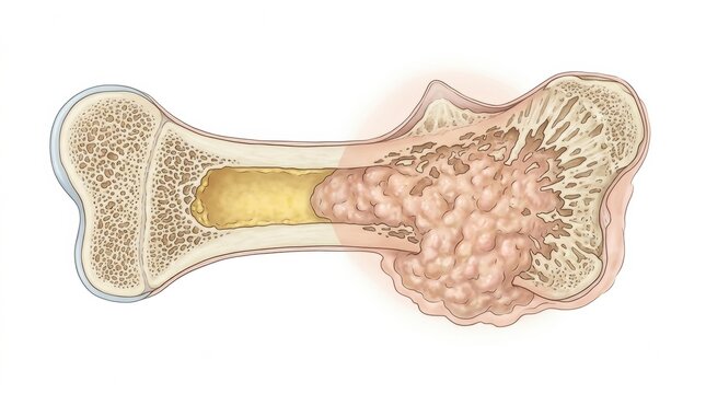 Osteosarcoma is shown in a dogs bone with clear visualization of tumor growth affecting the bone structure and density.