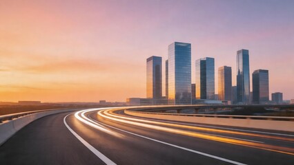 Obraz premium Highway at sunset with city skyline