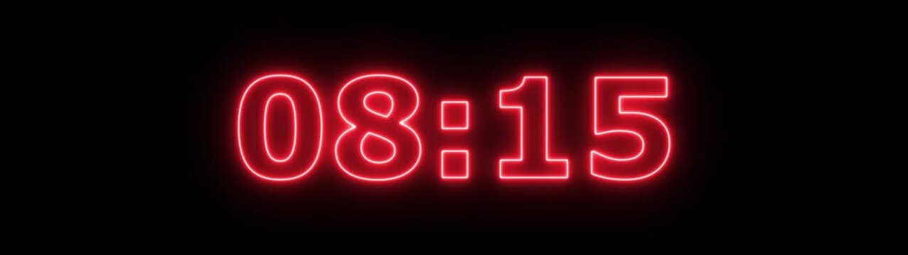 Abstract glowing neon 9 minute countdown animation from 540 seconds to 0 seconds on a black background. Neon three minute countdown timer.