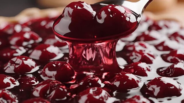 Close up of a spoon scooping delicious cherry pie filling.