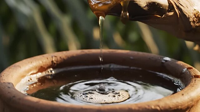 Close up of sap dripping from a tree branch into a clay pot.
