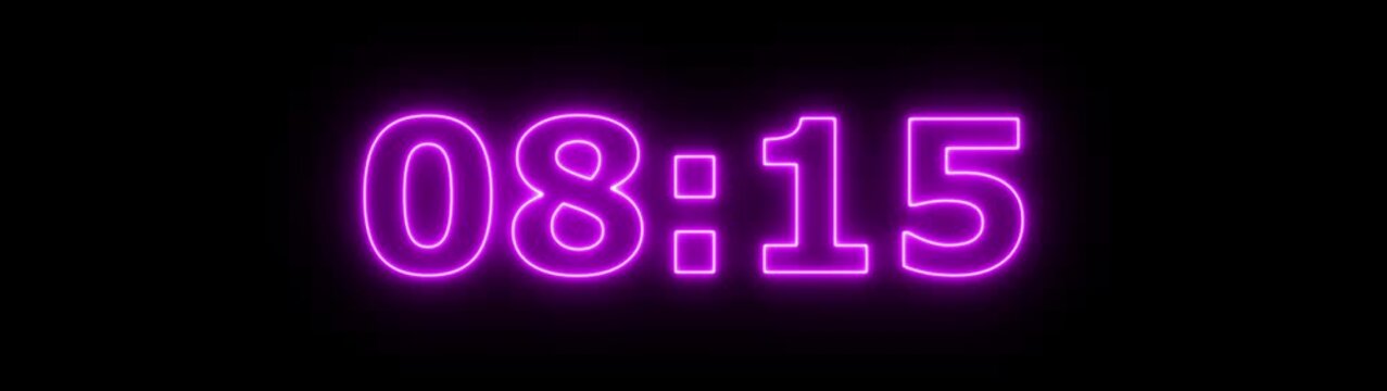Abstract glowing neon 9 minute countdown animation from 540 seconds to 0 seconds on a black background. Neon three minute countdown timer.