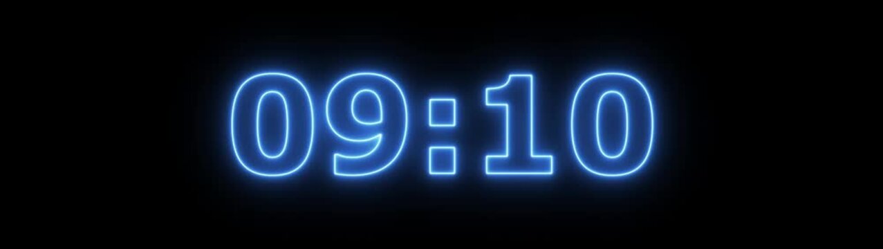 Abstract glowing neon 10 minute countdown animation from 600 seconds to 0 seconds on a black background. Neon three minute countdown timer.