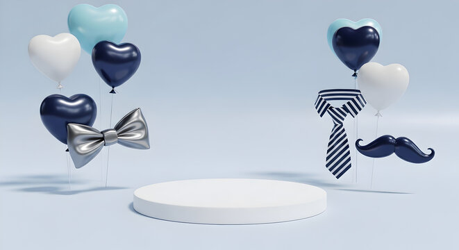 3D render Father's Day podium display background with heart balloons, necktie, mustache, and bow tie on light blue background