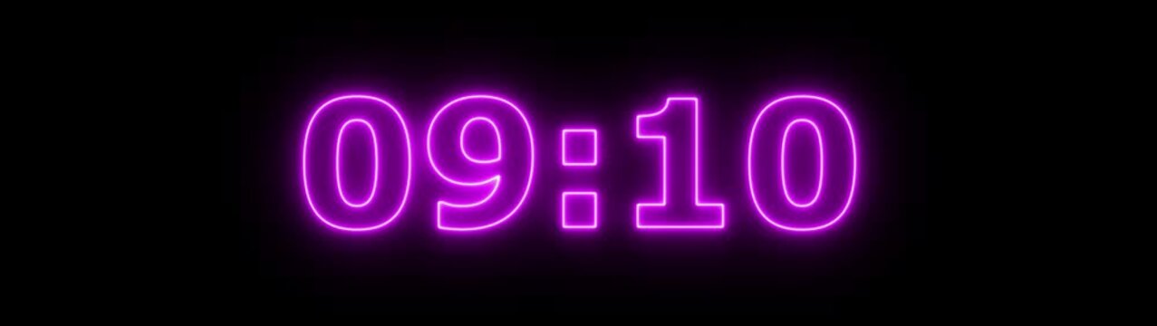 Abstract glowing neon 10 minute countdown animation from 600 seconds to 0 seconds on a black background. Neon three minute countdown timer.