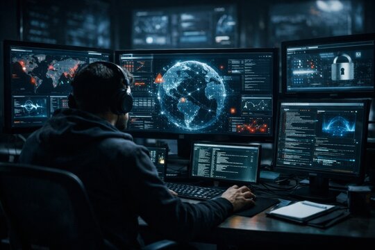 Cybersecurity analyst monitoring global network threats on multiple screens with code and data visualizations
