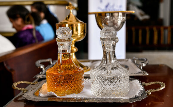 Glass cruets prepared for Catholic Eucharist