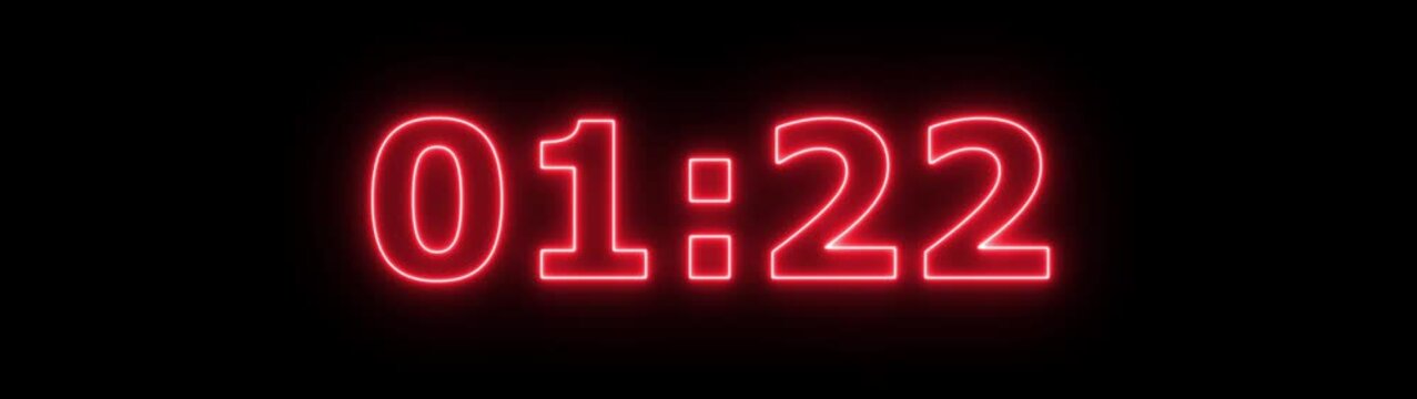 Neon 1 minute 30 second countdown animation from 90 seconds to 0 seconds on a transparent background, Neon One minute 30 second countdown timer with alpha channel 