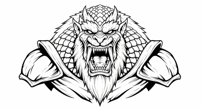 A muscular dragon head with an aggressive expression.