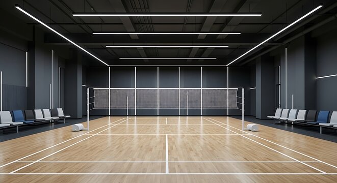 Modern Empty Badminton Court Illuminated in Indoor Sports Hall