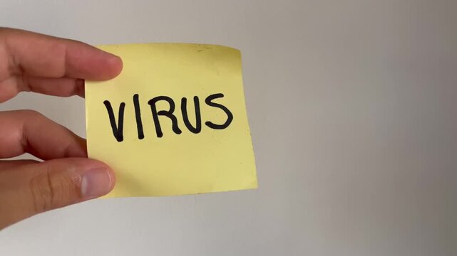Hand holding yellow sticky note with Virus text on white background