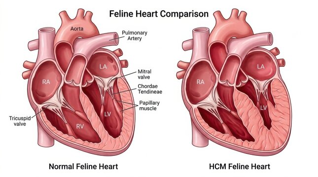 A side-by-side comparison of a normal feline heart and a heart affected by hypertrophic cardiomyopathy, highlighting key structures.