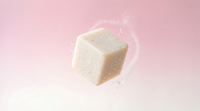 Single sugar cube dissolving in pink water with bubbles