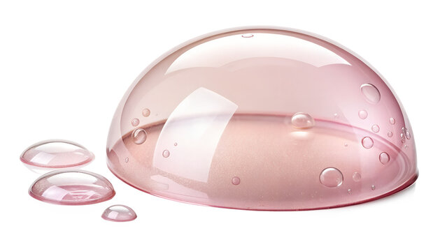 Pink gel dome with smaller gel pieces and water droplets on white isolated on transparent background