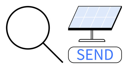 Renewable energy, technology innovation, internet communication, solar power systems, online searches, global connection. A magnifying glass, solar panel and send button. Renewable energy © robu_s