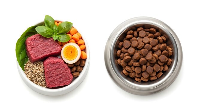 Fresh Raw Pet Food Bowl and Dry Kibble Arranged on White Background