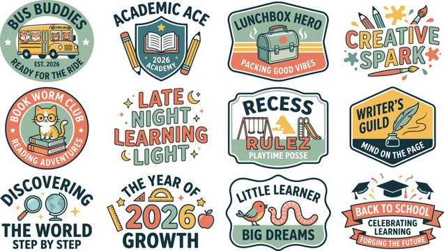 Back to School 2026 Cute Retro Badge Collection with Bus Buddies Lunchbox Hero Book Worm Recess Little Learner and Growth Designs